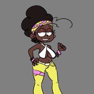 2022 70's afro alternate_universe artist:sl0th big_breasts braces cameltoe character:luan_loud cleavage dark-skinned_female disco hippie looking_at_viewer midriff raceswap solo sweat tagme thick_thighs wide_hips // 800x800 // 138KB