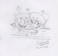 2017 arm_around_shoulder artist:julex93 bath bathtub character:lincoln_loud character:lynn_loud heart looking_at_another sketch smiling winking // 431x412 // 38.7KB