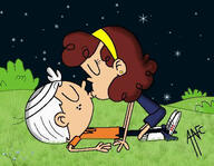 2023 artist:angelalonsso06 character:cristina character:lincoln_loud cristinacoln eyes_closed grass hands_support kiss kissing lying night on_back on_knees stars // 552x427 // 42.0KB