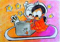 2021 artist:valentinaart beverage blanket blushing character:lincoln_loud character:ronnie_anne_santiago computer holding_beverage holding_food laptop mug ronniecoln sitting smiling // 1280x903 // 352.9KB