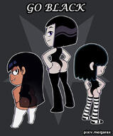 artist:garabatoz ass character:charlene character:lucy_loud character:raven crossover from_behind_position hands_on_hips leotard looking_at_viewer looking_back rear_view smiling teen_titans_go! text thigh_highs victor_and_valentino // 870x1050 // 171KB
