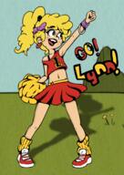 2017 alternate_hairstyle alternate_outfit artist:caencer character:lincoln_loud cheerleader coloring colorist:sleepylars crossdressing earrings hair_bow makeup midriff pom_poms ponytail pose smiling solo text // 1392x1960 // 1.5MB