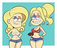 2017 aged_up alternate_hairstyle alternate_outfit american_flag americanne artist:scobionicle99 big_breasts character:lynn_loud character:ronnie_anne_santiago cleavage football hand_on_hip holding_object hooters looking_at_viewer midriff smiling solo tagme text_on_clothing thick_thighs tube_top wide_hips // 2160x1800 // 431.3KB