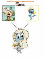 2017 artist:mixelfangirl100 character:lincoln_loud character:smurfette cropped fusion meme text // 782x1022 // 79KB