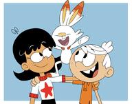 2022 arm_around_shoulder artist:eagc7 character:lincoln_loud character:stella_zhau crossover looking_up mouth_open pokemon scorbunny smiling // 4140x3252 // 930.2KB