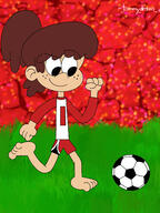 2022 artist:tommydraws ball barefoot character:lynn_loud feet grass looking_down raised_eyebrow running smiling soccer_ball solo // 1055x1410 // 1.2MB