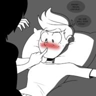 aged_up alternate_hairstyle artist:chillguydraws au:thicc_verse bed blushing character:lincoln_loud dialogue lying pillow text // 1200x1200 // 256KB