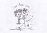 2018 artist:almible carrying character:clyde_mcbride character:leni_loud cheek_to_cheek cleny eyes_closed feet hug hugging new_year open_mouth sketch smiling spanish text // 2048x1456 // 118.6KB
