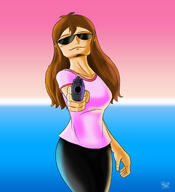 2022 aged_up artist:julex93 character:cookie_qt gun holding_gun looking_at_viewer smiling solo sunglasses water wide_hips // 2000x2200 // 2.0MB