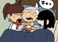 2017 artist:dipper bed character:lincoln_loud character:lucy_loud character:lynn_loud coloring edit eyes_closed hugging in_bed lucycoln lying lynncoln lynncycoln on_back on_side pillow sleeping // 730x530 // 94KB