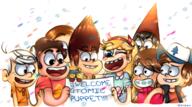 2017 artist:g0lden atomic_puppet character:captain_atomic character:dipper_pines character:joey_felt character:lincoln_loud character:mabel_pines character:morty_smith character:star_butterfly character:steven_universe character:wirt crossover doll gravity_falls group josep looking_down looking_to_the_side one_eye_closed open_mouth over_the_garden_wall raised_eyebrow rick_and_morty sign smiling steven_universe text winking // 1280x715 // 1.0MB