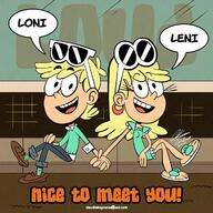 artist_request character:leni_loud character:loni_loud hand_holding sitting square_crossover text // 1200x1200 // 214.7KB