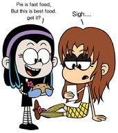 2016 character:luan_loud character:lucy_loud dialogue food hair_apart pie role_swap text // 800x898 // 287KB