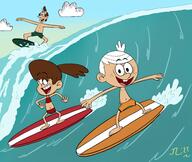 2022 alternate_outfit artist:diesel10joseph567 barefoot beach character:lincoln_loud character:lynn_loud character:lynn_loud_sr cloud feet looking_at_viewer looking_to_the_side nipples open_mouth raised_arms smiling surfboard surfing swimsuit topless water // 3785x3194 // 1.4MB