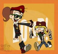 2016 alternate_outfit artist:combthecombel bandana beret character:lana_loud character:luan_loud holding_object looking_at_viewer open_mouth punk running smiling spraycan sunglasses suspenders text // 1280x1206 // 1.6MB