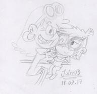 2017 artist:julex93 character:leni_loud character:lisa_loud cheek_to_cheek hug hugging looking_at_another one_eye_closed open_mouth sitting sketch smiling // 500x488 // 53.5KB