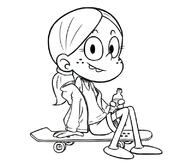2017 artist:redkaze beverage character:ronnie_anne_santiago hand_support holding_object looking_at_viewer sitting skateboard smiling solo // 800x700 // 112KB