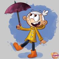 2023 alternate_outfit artist:xsunnyeclipse boots character:lincoln_loud holding_object looking_up open_mouth raincoat smiling solo umbrella // 3000x3000 // 1.0MB