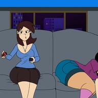 aged_up alternate_hairstyle artist:chillguydraws ass au:thicc_verse big_ass big_breasts character:lincoln_loud character:ronnie_anne_santiago character:sid_chang couch edit freckles interracial living_room night nintendo_switch ronniecoln shirts shorts socks thick_thighs // 1500x1500 // 152KB
