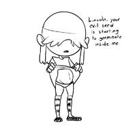 2021 artist:sl0th belly character:lucy_loud dialogue dress_lift exposing_underwear lucycoln panties pregnant shirt_lift solo text underwear // 800x800 // 103.1KB