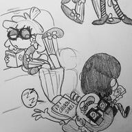 2016 artist:shenani black_and_white character:lisa_loud character:luan_loud character:lucy_loud couch ghost glasses sitting text // 1280x1277 // 549.0KB