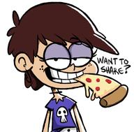 2016 artist:andeathisbike character:luna_loud dialogue eating food half-closed_eyes looking_at_viewer pizza raised_eyebrow smiling solo talking_to_viewer text // 682x671 // 190.3KB