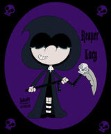 2017 alternate_outfit artist:julex93 character:lucy_loud coloring costume grim_reaper halloween holding_object sickle simple_background skull smiling solo text // 2500x3000 // 1.1MB
