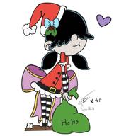 2021 alternate_hairstyle alternate_outfit artist:funnyman98 bow character:lucy_loud christmas christmas_outfit heart holding_object holiday pigtails sack santa_dress santa_hat smiling solo // 835x955 // 69.7KB