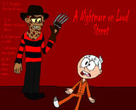 artist:theloonyartist96 character:freddy_krueger character:lincoln_loud crossover looking_at_another nightmare_on_elm_street pajamas scared sitting smiling text // 1024x829 // 80.2KB
