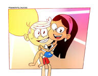 2021 alternate_outfit artist:franmontelongo98 bridal_carry carrying character:jackie character:lincoln_loud cheek_to_cheek freckles interracial jackiecoln looking_at_viewer shorts size_difference smiling sun // 1011x791 // 78KB
