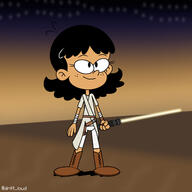 2024 alternate_outfit artist:driftloud character:stella_zhau holding_object holding_weapon lightsaber parody smiling solo star_wars // 1524x1524 // 462KB