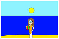 2021 alternate_outfit artist:marcusmilton1993 ball beach beach_ball character:shannon hand_on_hip holding_object looking_at_viewer one_piece_swimsuit simple_background smiling solo sun swimsuit water // 1935x1290 // 158KB
