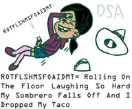 2017 character:ronnie_anne_santiago eyes_closed hat holding_object laughing open_mouth parody phone smiling solo sombrero taco text // 964x792 // 333KB