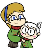 alternate_outfit arm_around_shoulder artist:skeluigi blushing carolcoln character:carol_pingrey character:lincoln_loud looking_at_viewer smiling sweater text_on_clothing // 437x505 // 14.7KB