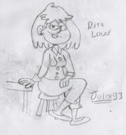 2016 artist:julex93 chair character:rita_loud half-closed_eyes hand_on_thigh hand_support looking_at_viewer sitting sketch smiling solo text // 387x414 // 46KB