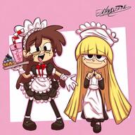 alternate_outfit artist:marcustine background_character blushing character:sid_chang character:sweater_qt food holding_food looking_at_viewer maid maid_outfit smiling // 3000x3000 // 1.3MB