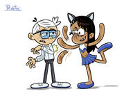 2021 alternate_outfit animal_ears cat_ears character:lincoln_loud character:ronnie_anne_santiago cosplay don’t_toy_with_me_miss_nagatoro glasses half-closed_eyes looking_at_another midriff open_mouth raised_eyebrow raised_leg ronniecoln scratching smiling unusual_pupils // 3850x2975 // 2.1MB