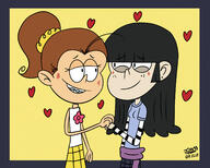 2017 artist:julex93 blushing character:luan_loud character:maggie half-closed_eyes hand_holding hearts looking_at_another luaggie simple_background smiling yuri // 2500x2000 // 1.2MB