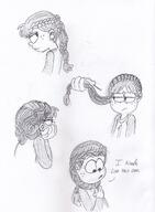 2017 alternate_hairstyle artist:patanu102 braid braids character:lynn_loud comic dialogue frowning hair_grab half-closed_eyes looking_down open_mouth sketch solo text // 2338x3190 // 4.1MB