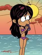 2023 aged_up alternate_hairstyle alternate_outfit artist:kyloroud95 beach beverage bikini character:ronnie_anne_santiago cleavage cloud hair_down holding_beverage looking_up midriff solo sun swimsuit water // 2000x2600 // 539.9KB