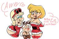 2016 alternate_outfit angry artist:jig_x_saw blushing breast_envy breasts character:leni_loud character:linka_loud character:lori_loud christmas christmas_outfit cleavage dialogue genderswap holiday jealous looking_at_another pouting reindeer_ears teasing text thick_thighs // 1280x855 // 188.4KB