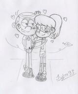 2017 artist:julex93 blushing character:lincoln_loud character:lynn_loud eyes_closed hearts holding_arm looking_at_another lynncoln sketch smiling // 408x490 // 53.1KB