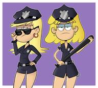 2017 alternate_outfit artist:scobionicle99 baton character:leni_loud character:lori_loud cleavage frowning half-closed_eyes hand_on_hip handcuffs holding_object looking_at_viewer police police_uniform simple_background sunglasses // 2000x1800 // 920.4KB