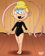 2020 alternate_hairstyle alternate_outfit artist:julex93 barefoot belly blushing character:lola_loud feet hair_bun half-closed_eyes leotard looking_at_viewer open_mouth ribbon shadow smiling solo wide_hips // 2000x2500 // 3.3MB