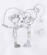2016 artist:julex93 blushing character:luan_loud character:maggie frowning half-closed_eyes hand_holding heart looking_at_another luaggie sketch smiling yuri // 349x405 // 42KB