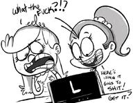 2016 artist:andeathisbike black_and_white character:lola_loud character:luan_loud dialogue laptop text // 1047x815 // 388.5KB