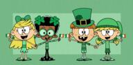 aged_up alternate_outfit artist:alejindio character:clyde_mcbride character:lana_loud character:liam_hunnicutt character:lola_loud looking_at_viewer smiling st_patrick's_day // 3342x1647 // 2.2MB