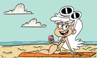 2019 aged_up artist:jose-miranda beach bikini character:linka_loud cleavage cloud holding_object looking_at_viewer phone smiling solo sunglasses swimsuit towel wide_hips // 1377x817 // 99.5KB