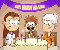 2018 aged_up alternate_hairstyle artist:julex93 birthday cake chair character:liby_loud character:lincoln_loud character:luan_loud food hair_down hands_together looking_down luancoln open_mouth original_character pencil sin_kids sitting smiling table tears text // 3000x2500 // 3.3MB