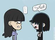 2016 arms_crossed artist:donchibi character:lucy_loud character:maggie dialogue frowning looking_at_another simple_background text // 536x397 // 207KB